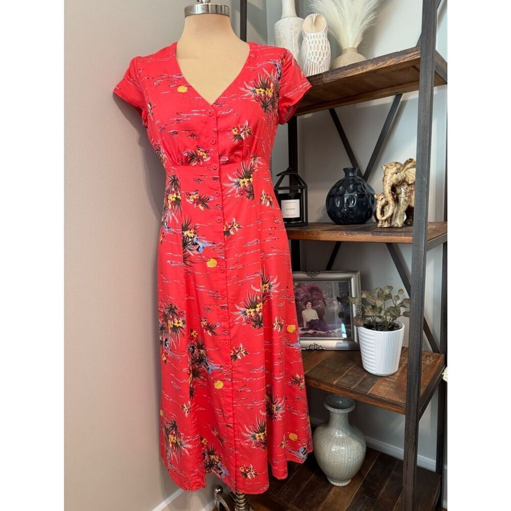 Reformation Denise Midi Dress SIZE SMALL Button Down Tencel Red Fiji Print